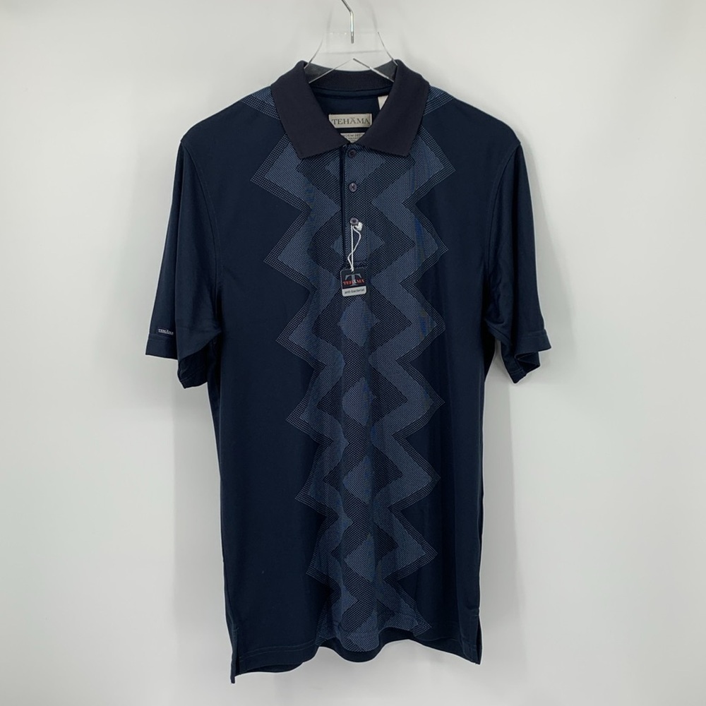 Tehama golf polo shirt navy blue zig zag Masters Los Cabos men new Medium